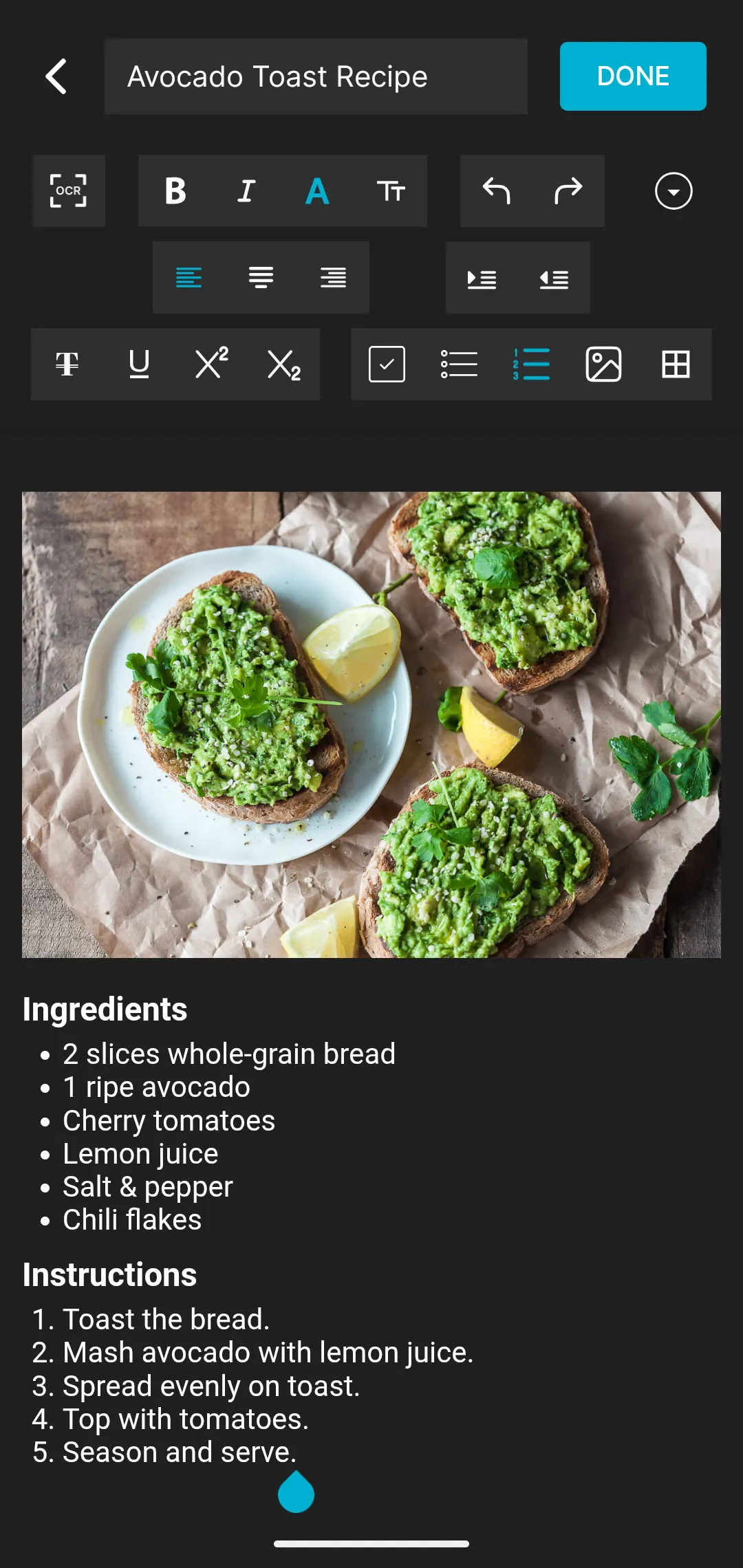 A recipe document open in the Wordpad Plus editor, with a photo, headings and a numbered list