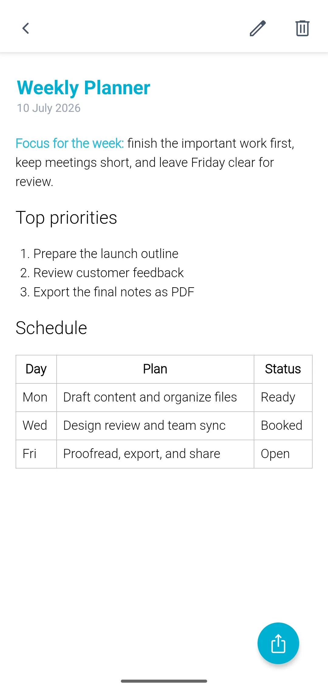 A weekly planner document containing a formatted table