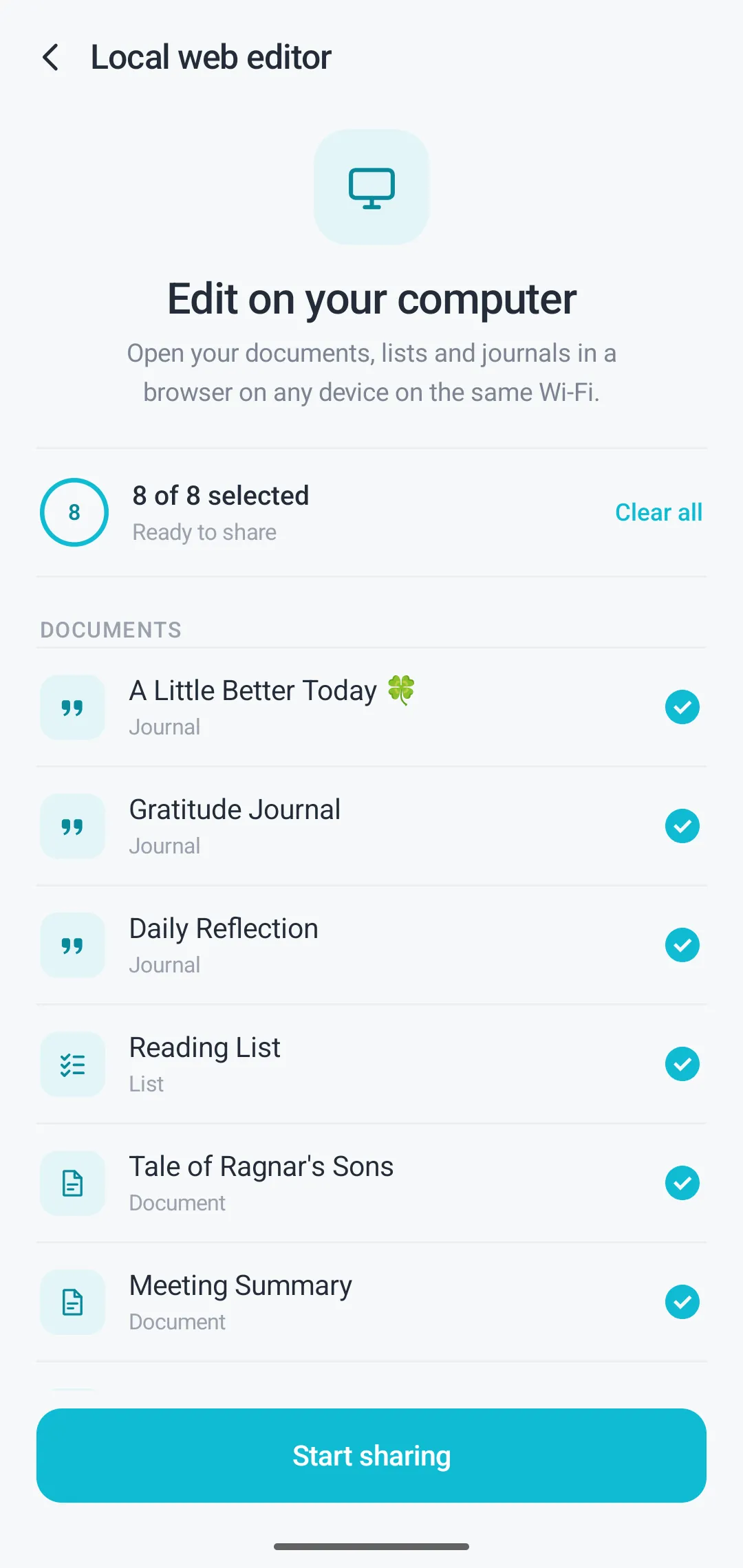 The local web editor screen listing documents selected for sharing over Wi-Fi