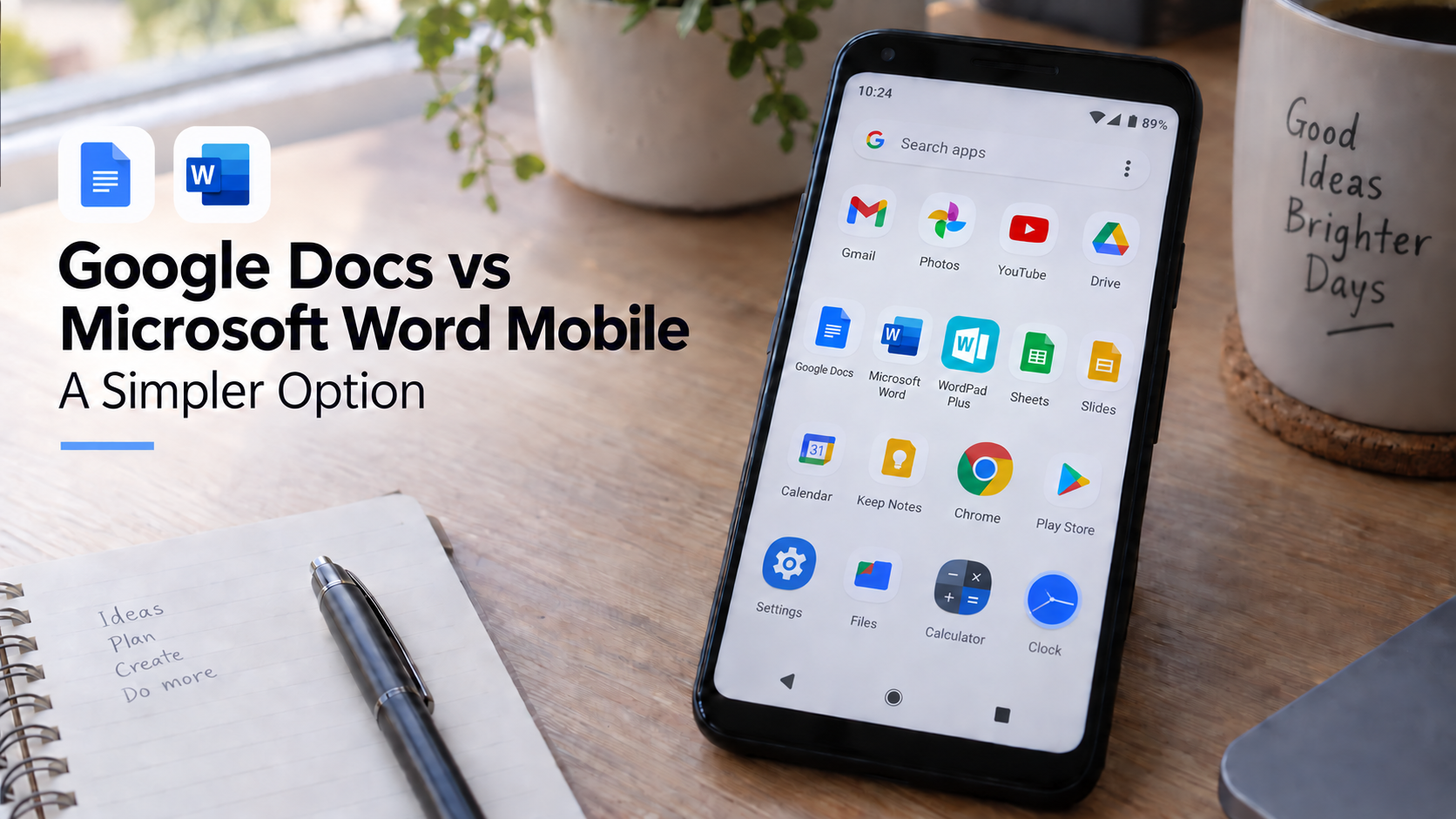 Google Docs vs Microsoft Word Mobile comparison graphic showing WordPad Plus on an Android phone