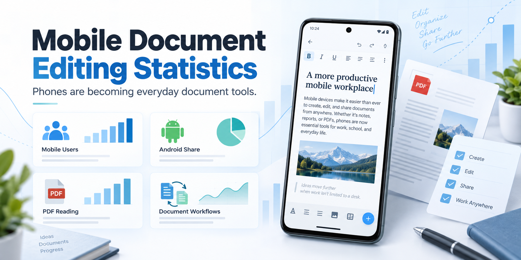 Mobile document editing statistics graphic with Android phone document editor and data cards