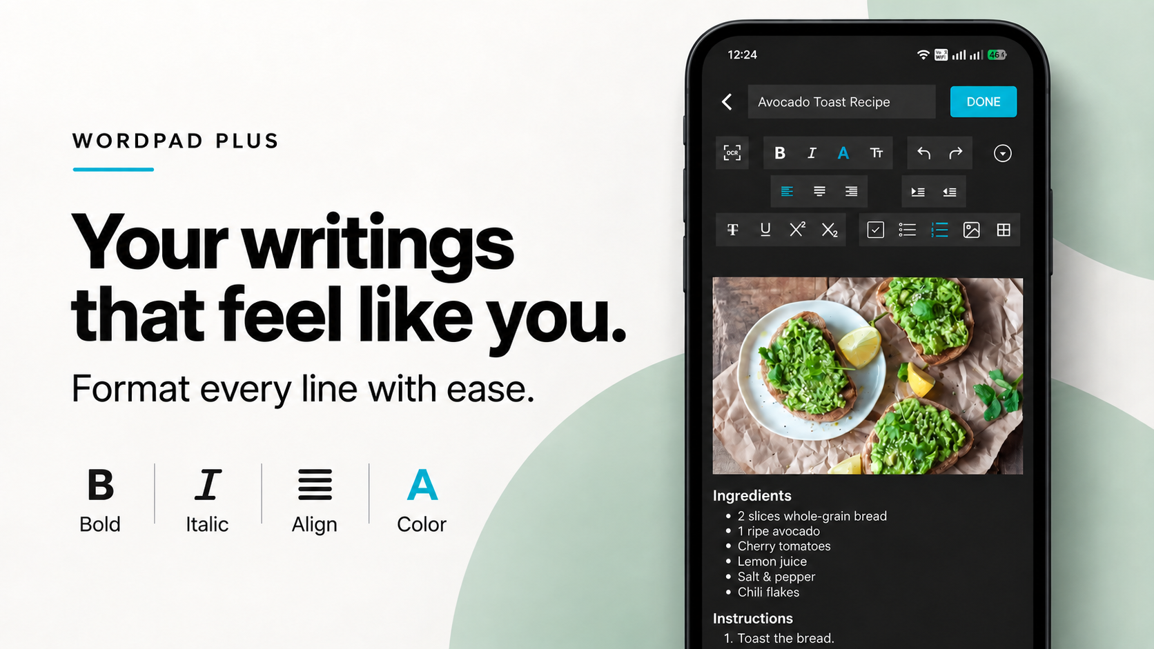 WordPad Plus text formatting feature shown on an Android phone editor