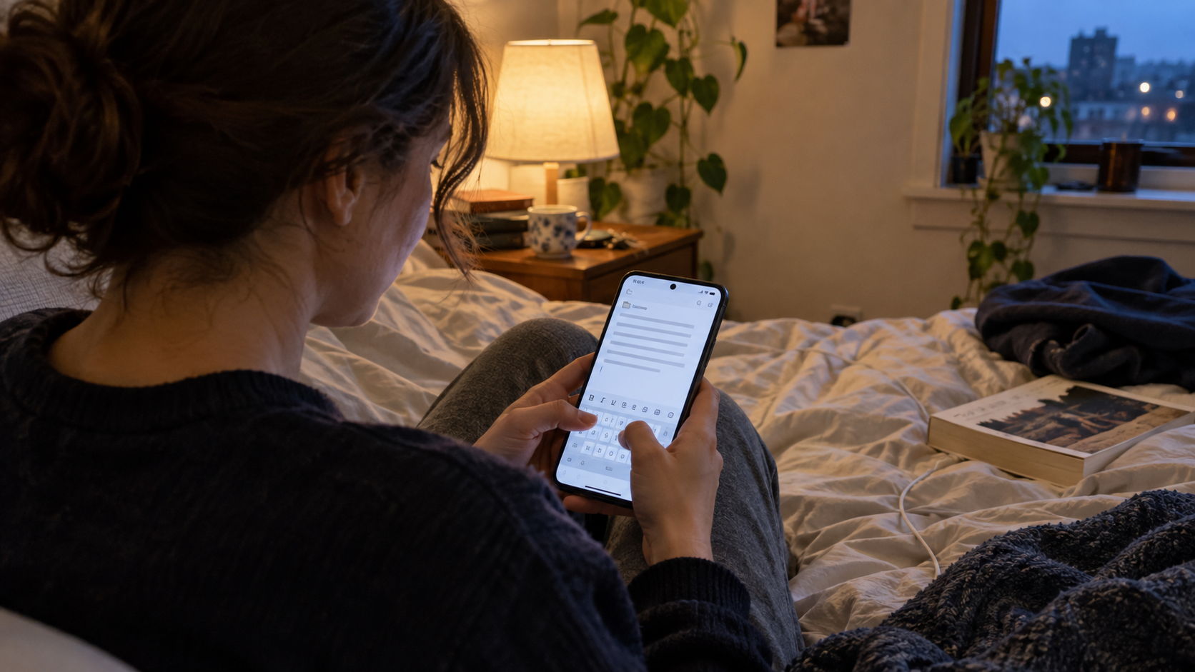 Person privately writing a document on an Android phone in a quiet bedroom