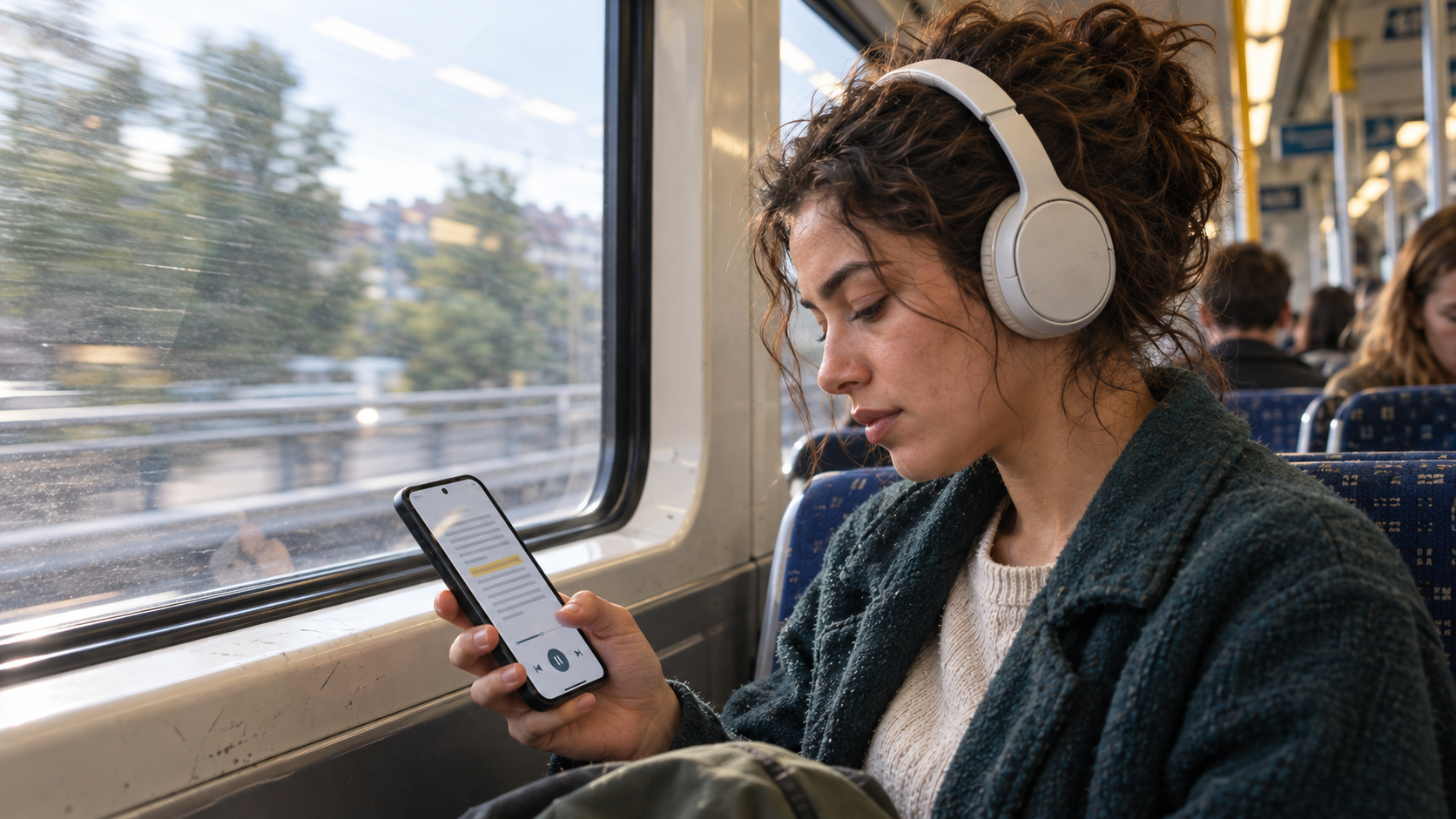 Commuter listening to a document on an Android phone during a train journey